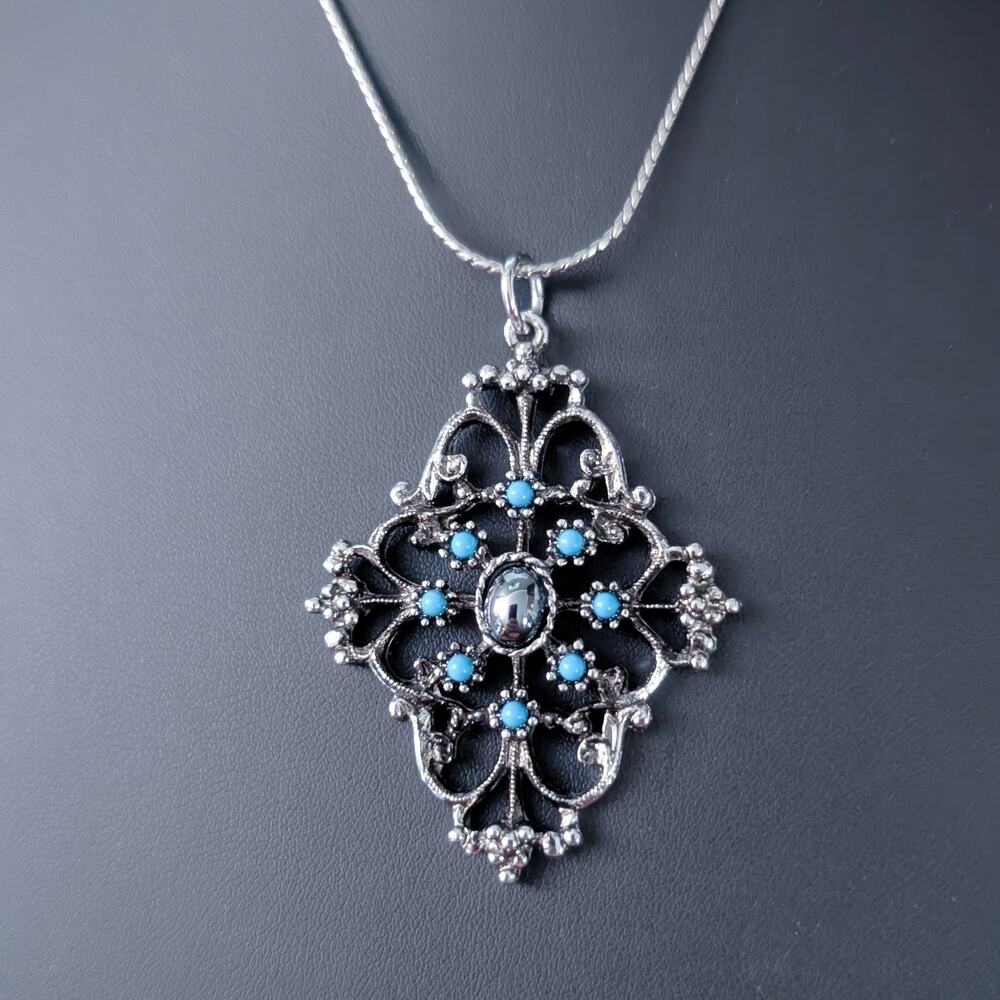 Vintage Avon Mirabella Necklace 1974 Silver Tone Faux, Turquoise & Hematite 24"